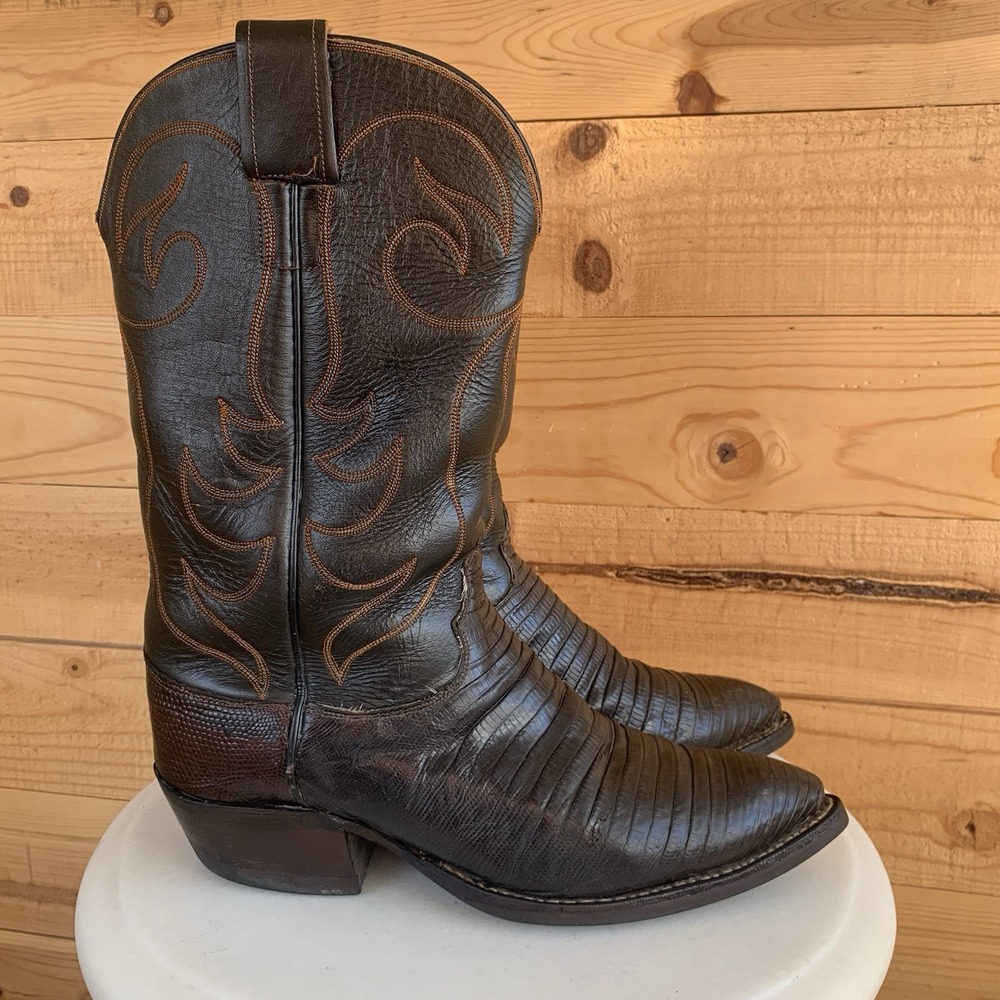 VTG Olathe Kansas Men's Cowboy‎ Boots 8D Dark Western Stitch Lizard Pointed Toe